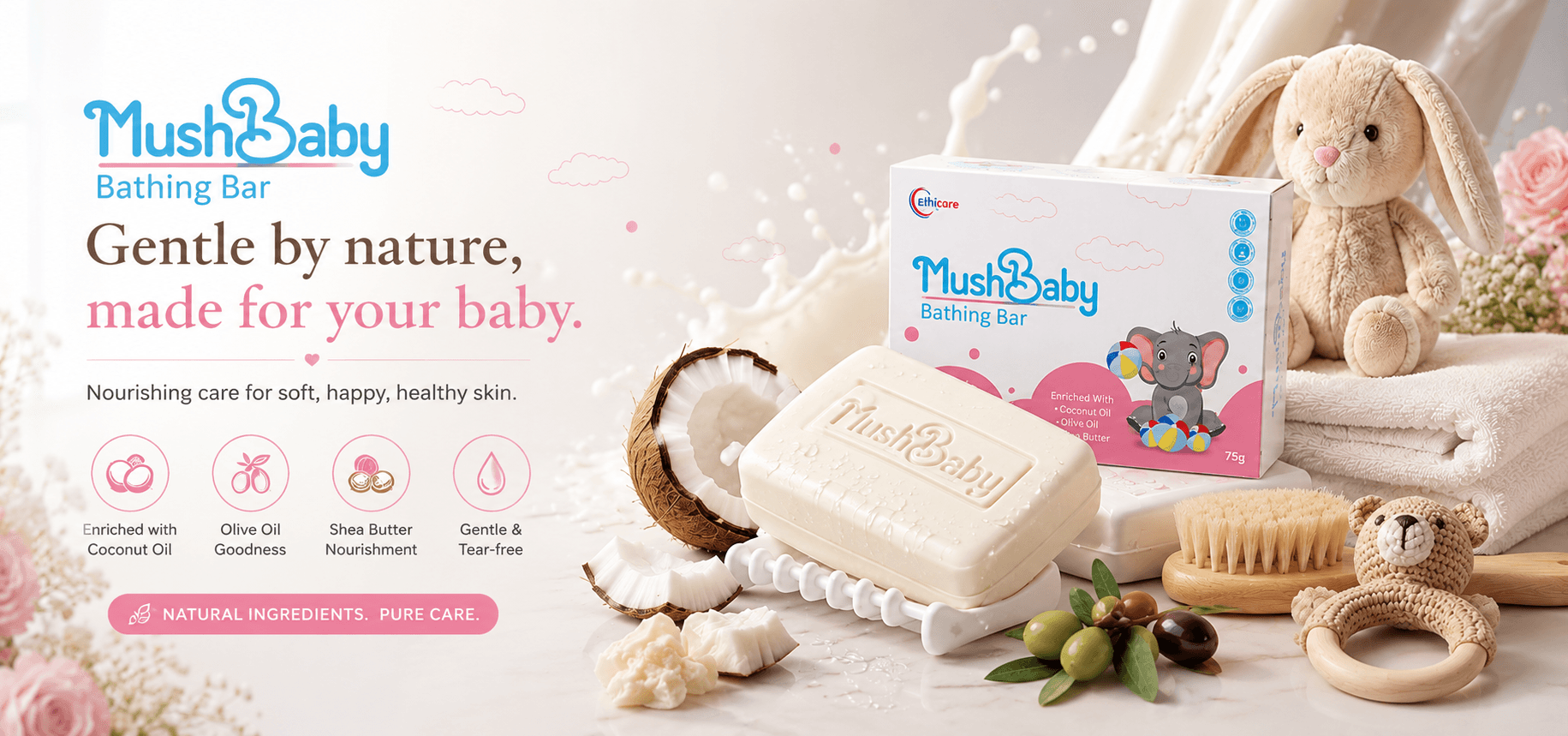 MushBaby Bathing Bar in a cosy basket with flowers and baby accessories